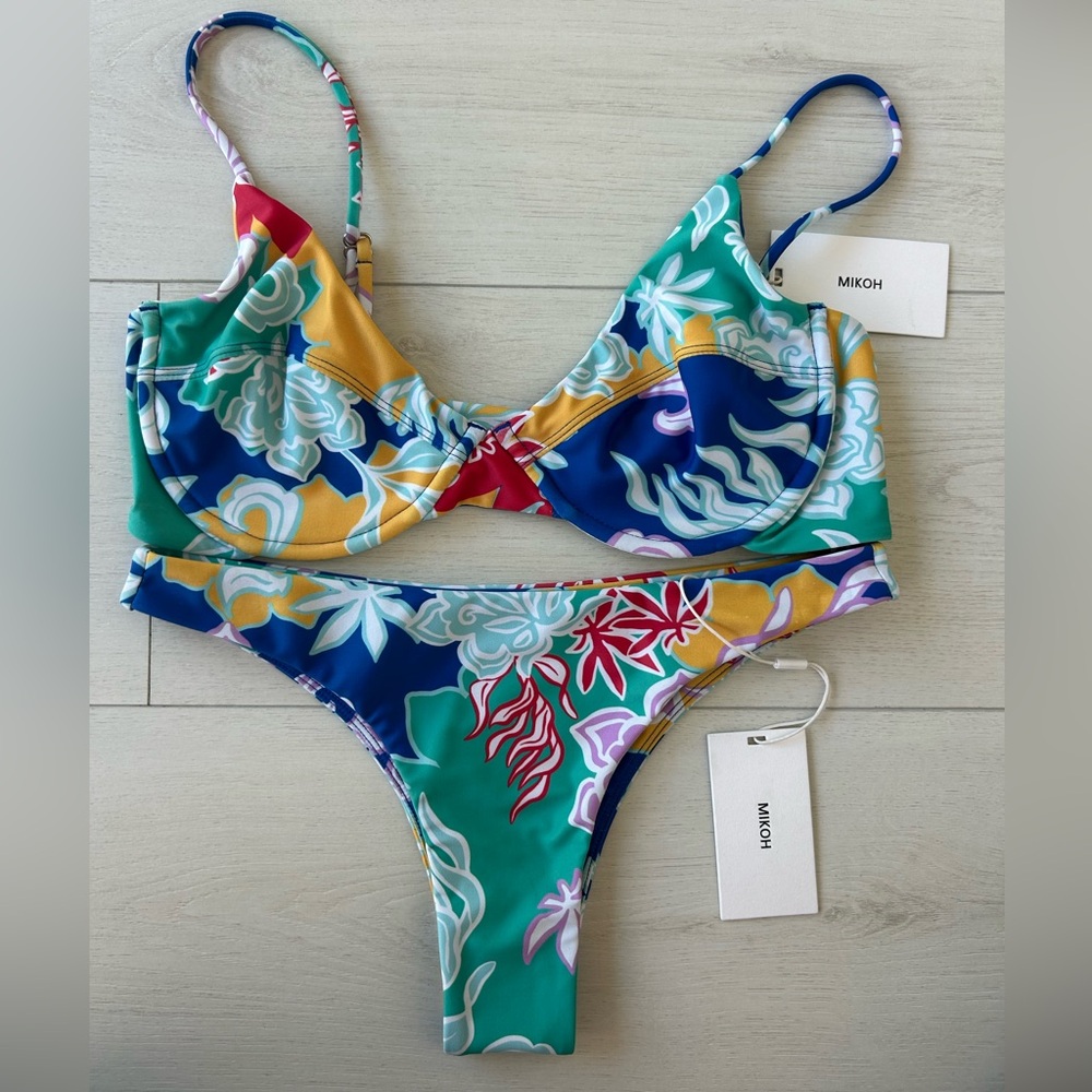 NWT Mikoh Bikini Set-Blue Tropical Print, L Top, M Bottom